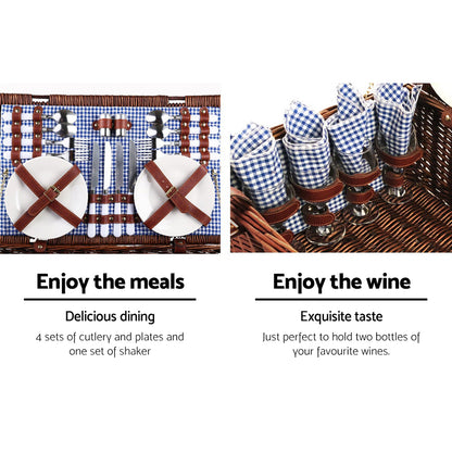 Alfresco 4 Person Picnic Basket Set with Insulated Cooler & Blanket 54x34x20cm