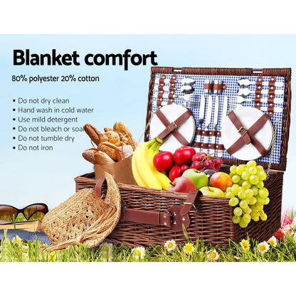 Alfresco 4 Person Picnic Basket Set with Insulated Cooler & Blanket 54x34x20cm