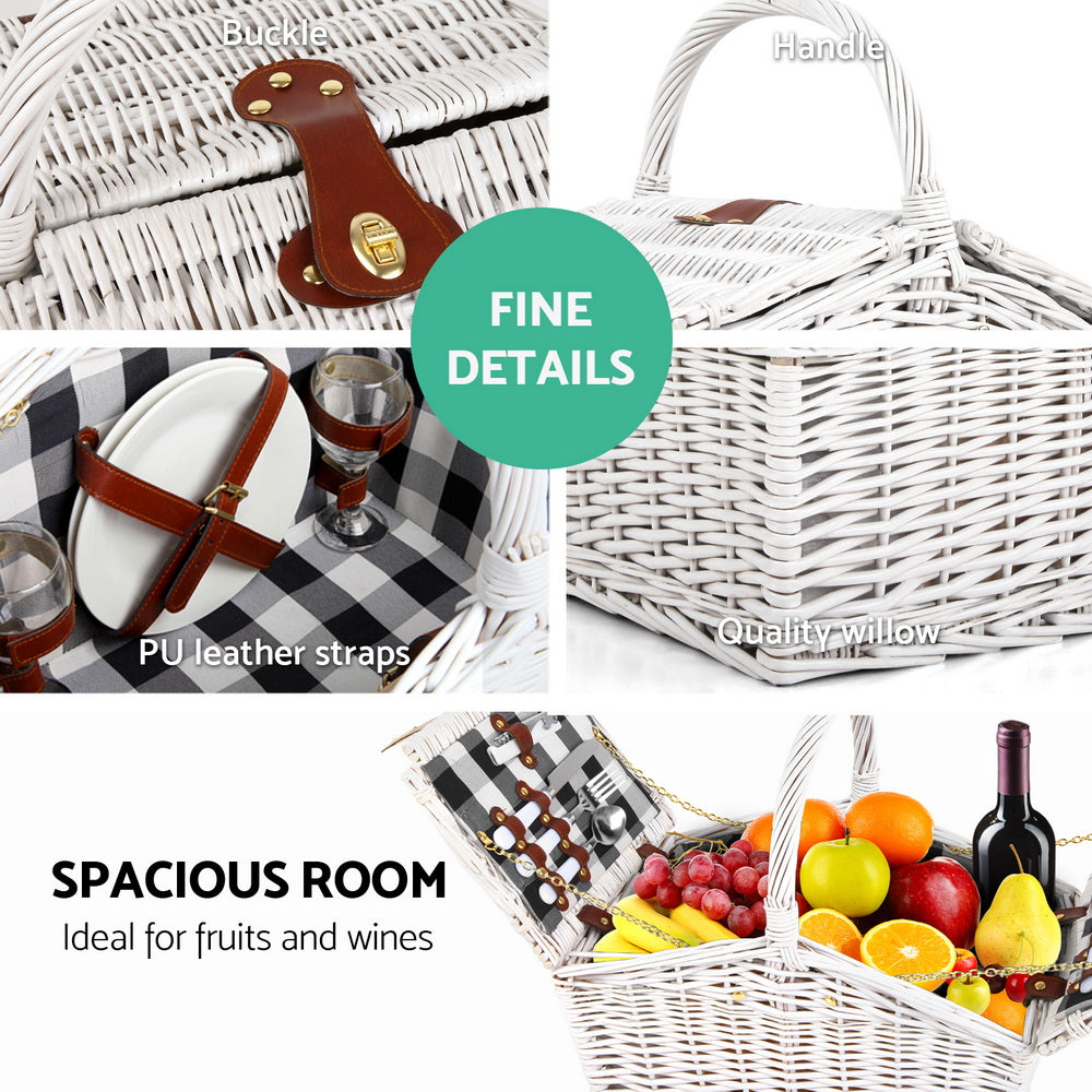 Alfresco 2 Person Picnic Basket Set - Willow, Blanket, Cutlery, 36x22x38cm