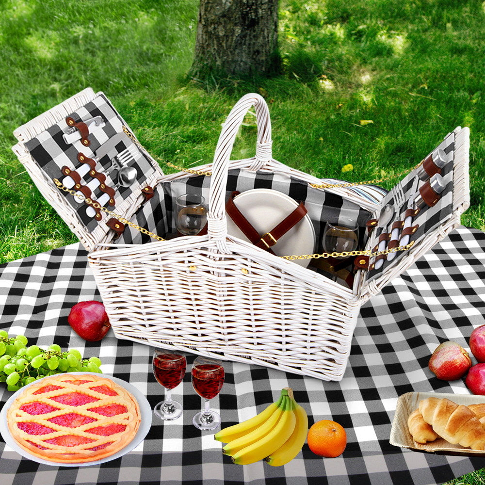 Alfresco 2 Person Picnic Basket Set - Willow, Blanket, Cutlery, 36x22x38cm