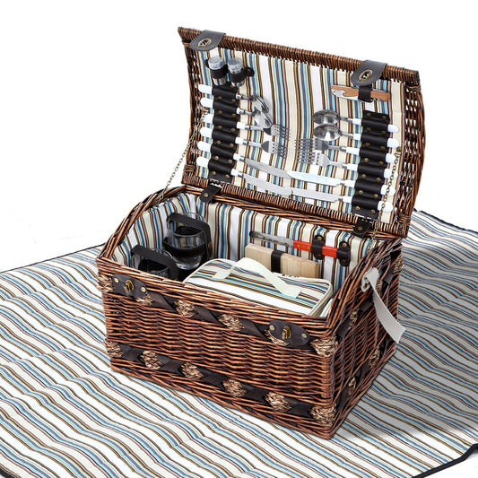 Alfresco 4 Person Picnic Basket Set with Blanket, Insulated Cooler Bag, 47x30x30cm