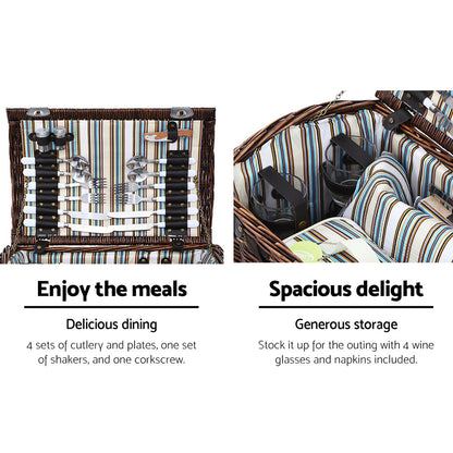 Alfresco 4 Person Picnic Basket Set with Blanket, Insulated Cooler Bag, 47x30x30cm