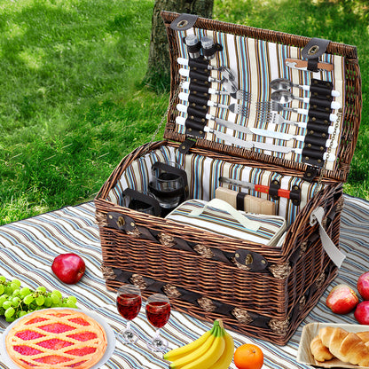 Alfresco 4 Person Picnic Basket Set with Blanket, Insulated Cooler Bag, 47x30x30cm