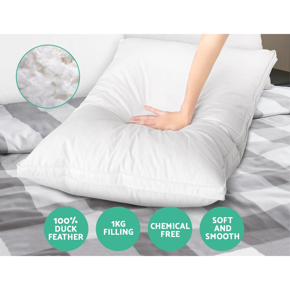 Giselle Bedding Duck Feather Down Twin Pack Pillow 75x50cm, 1kg Filling, Hypo-allergy