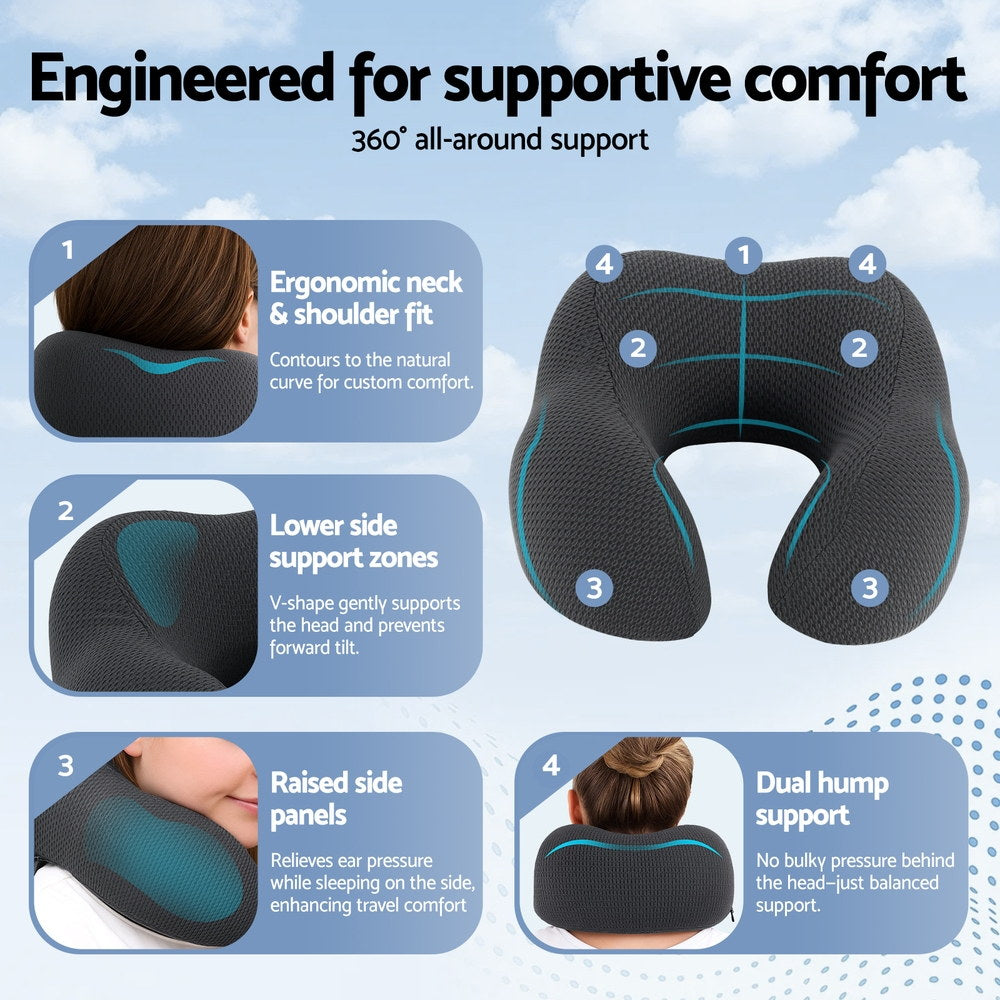 Giselle Bedding Travel Neck Pillow U-Shape Memory Foam 44x27x13cm Black - SuperSaverAU - view 5