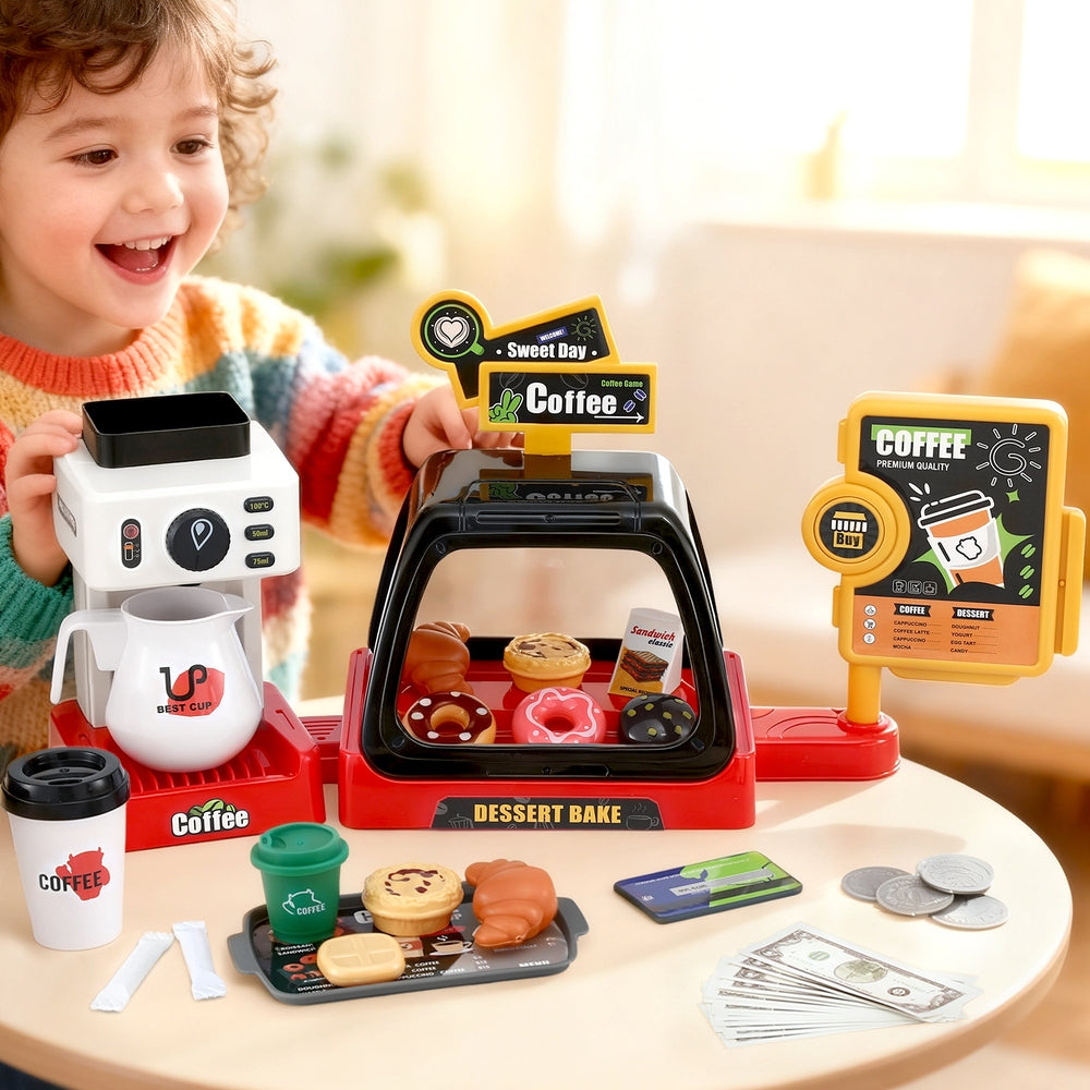 Keezi Kids Pretend Coffee Shop Playset with Coffee Maker and Play Money