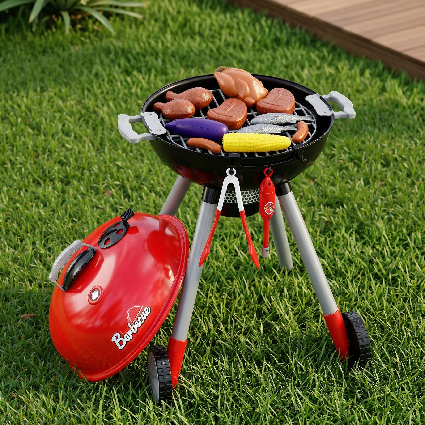 Keezi Kids Pretend Kitchen BBQ Playset Role Play Toy with charcoal Play Food Cup - SuperSaverAU - view 1