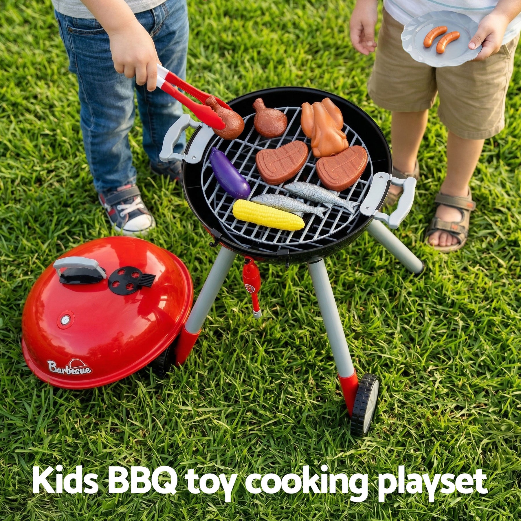 Keezi Kids Pretend Kitchen BBQ Playset Role Play Toy with charcoal Play Food Cup - SuperSaverAU - view 4