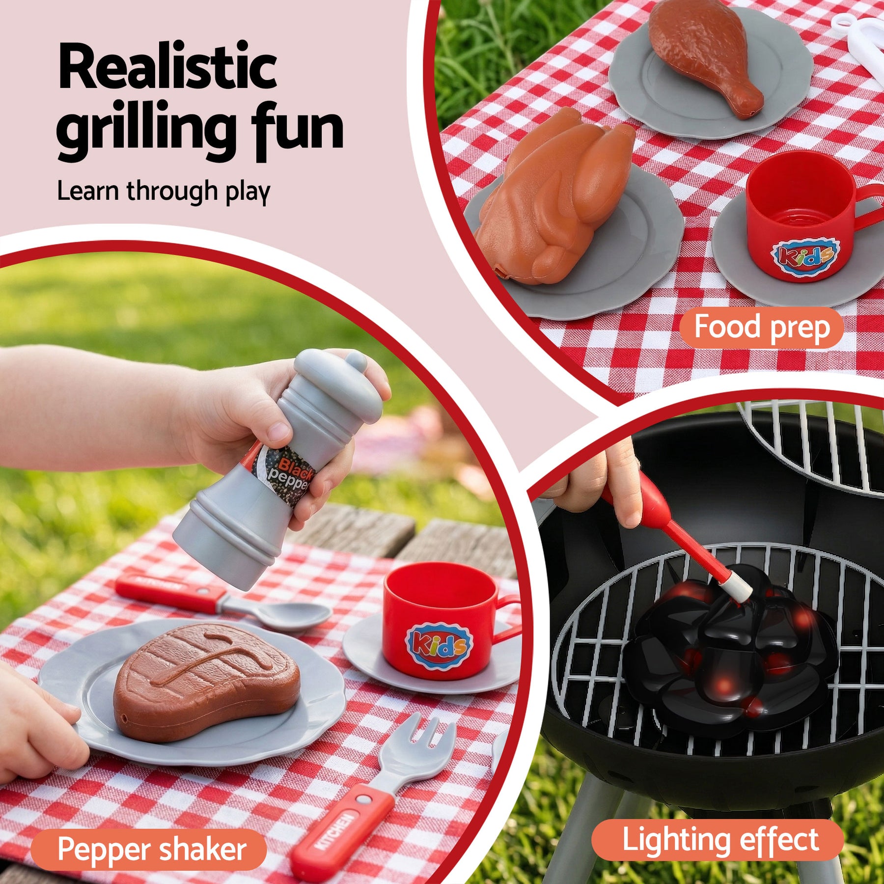 Keezi Kids Pretend Kitchen BBQ Playset Role Play Toy with charcoal Play Food Cup - SuperSaverAU - view 5