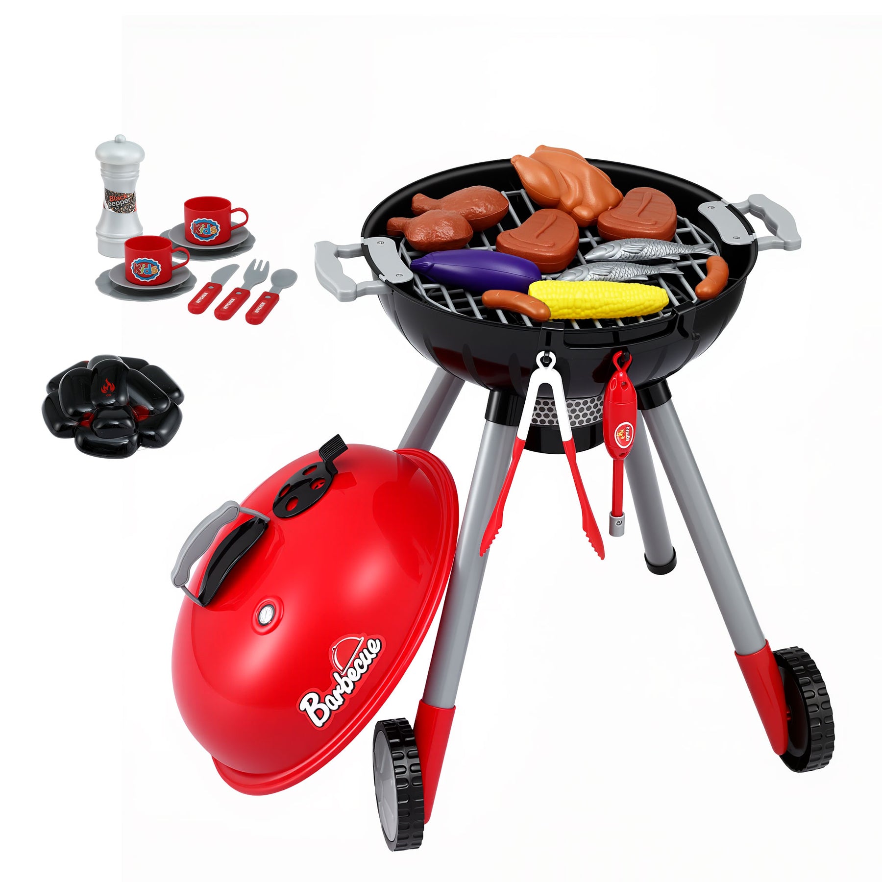 Keezi Kids Pretend Kitchen BBQ Playset Role Play Toy with charcoal Play Food Cup - SuperSaverAU - view 8