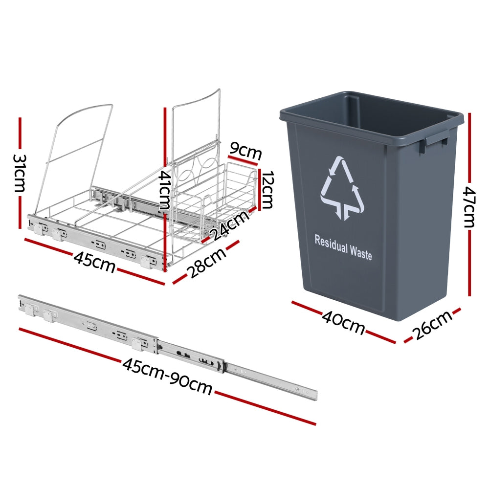 Cefito 40L Pull-Out Bin System for Kitchen Cabinet, Chrome-Plated, Easy Access - SuperSaverAU - view 2