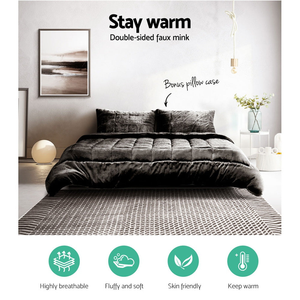 Giselle Bedding Faux Mink Quilt Double Charcoal, Soft, Thermo-Regulating, Includes Pillowcases - SuperSaverAU - view 2