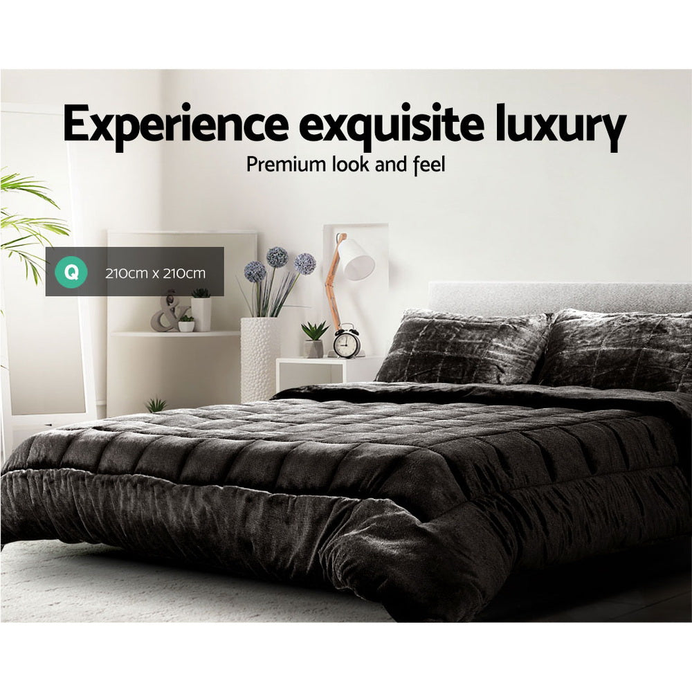 Giselle Bedding Faux Mink Quilt Charcoal Queen - Double-Sided, Thermo-Regulating, Soft - SuperSaverAU - view 2