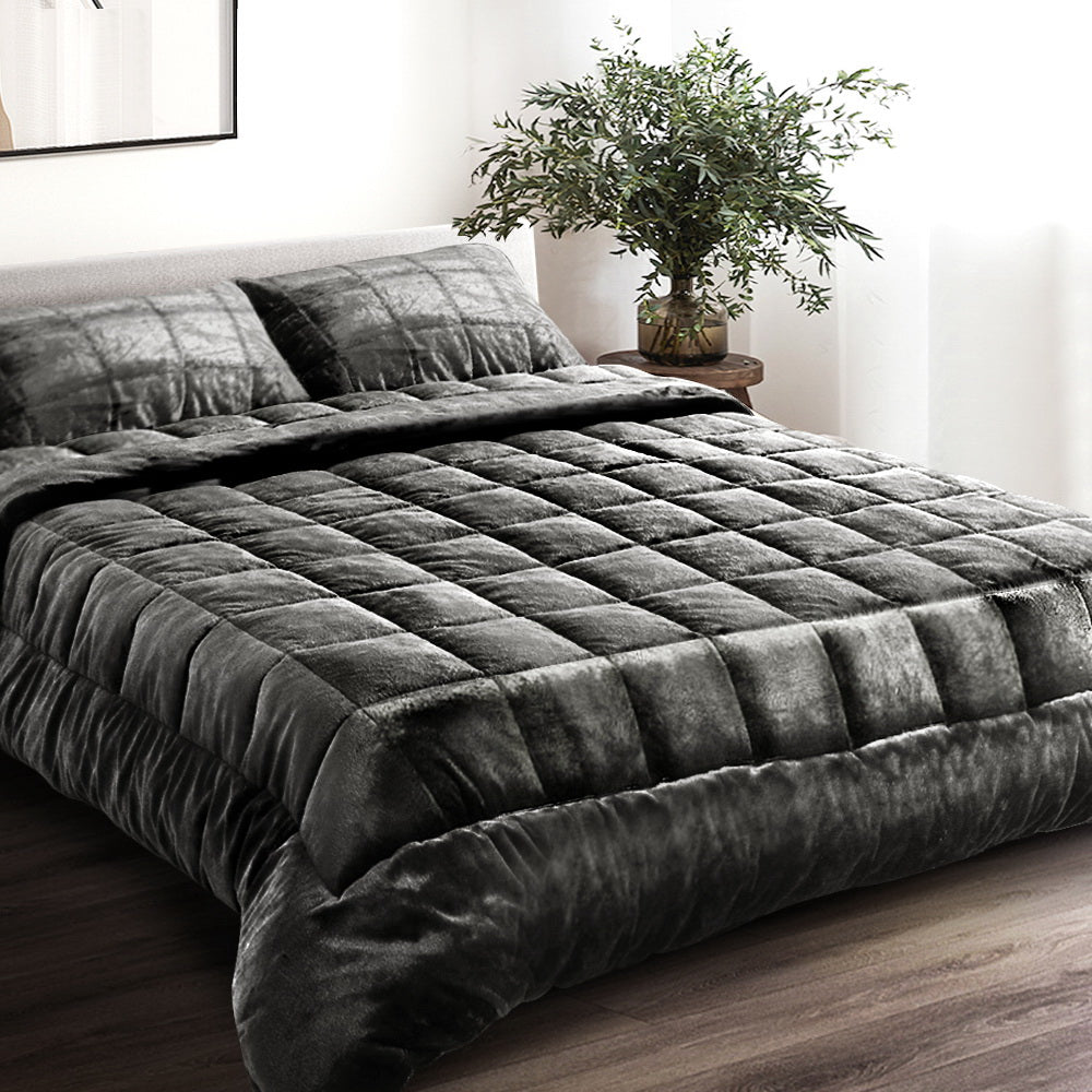 Giselle Bedding Faux Mink Quilt Charcoal Queen - Double-Sided, Thermo-Regulating, Soft - SuperSaverAU - view 5