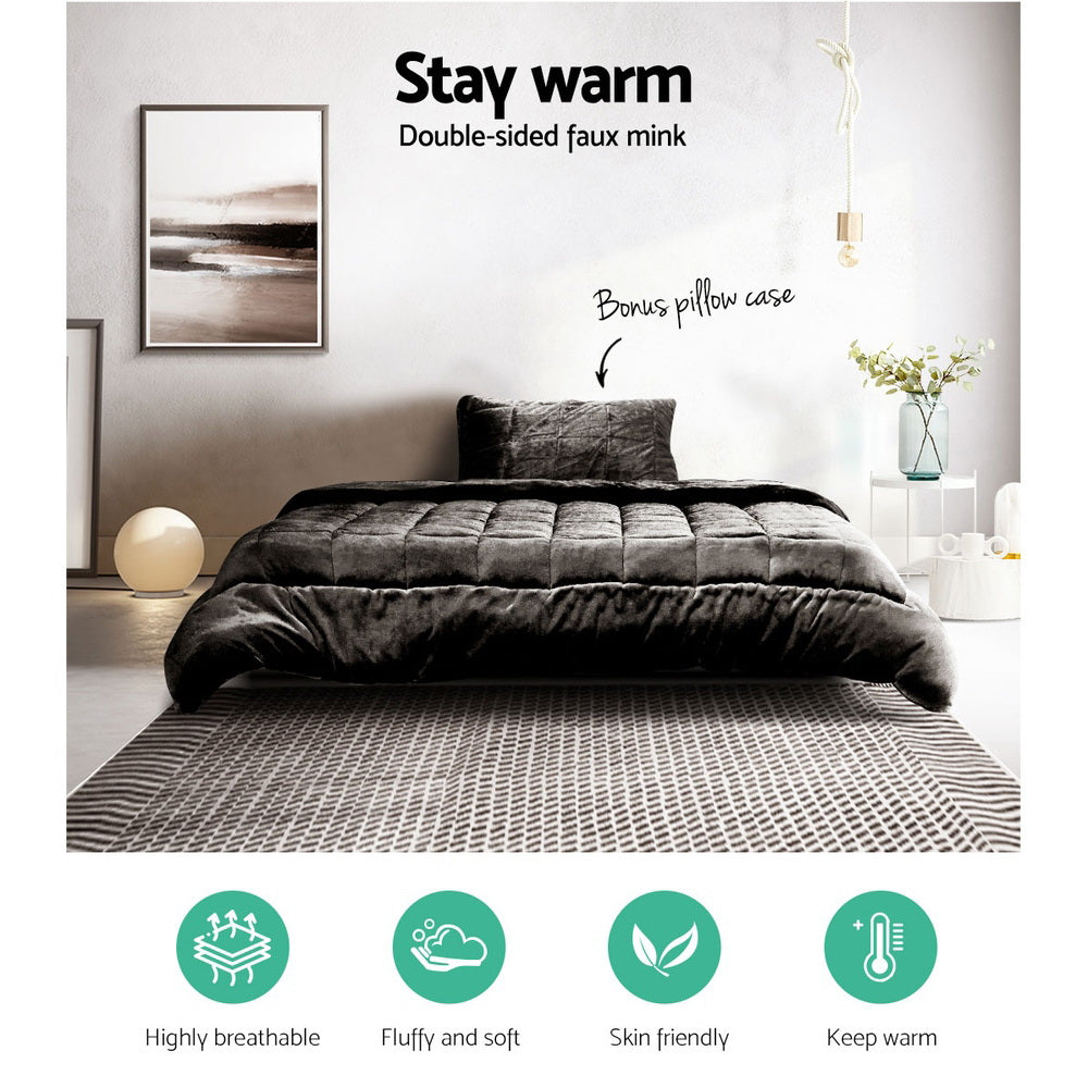 Giselle Bedding Faux Mink Quilt Charcoal Single - Soft, Thermo-Regulating, Winter Weight