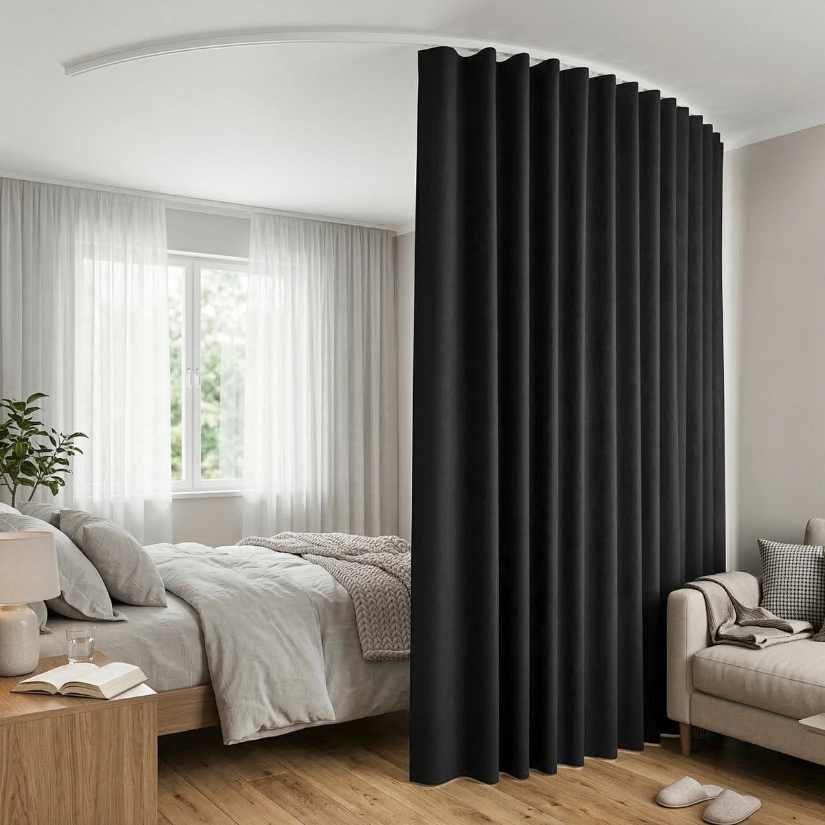 Artiss Black Ceiling Mounted Room Divider Curtain with Flexible Track 254x213cm
