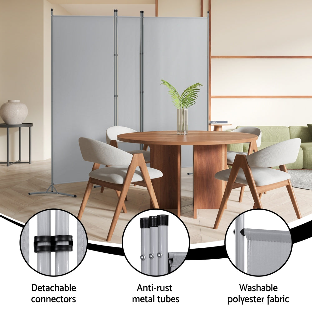 Artiss 3-Panel Room Divider - 260x180cm Grey Fabric Screen