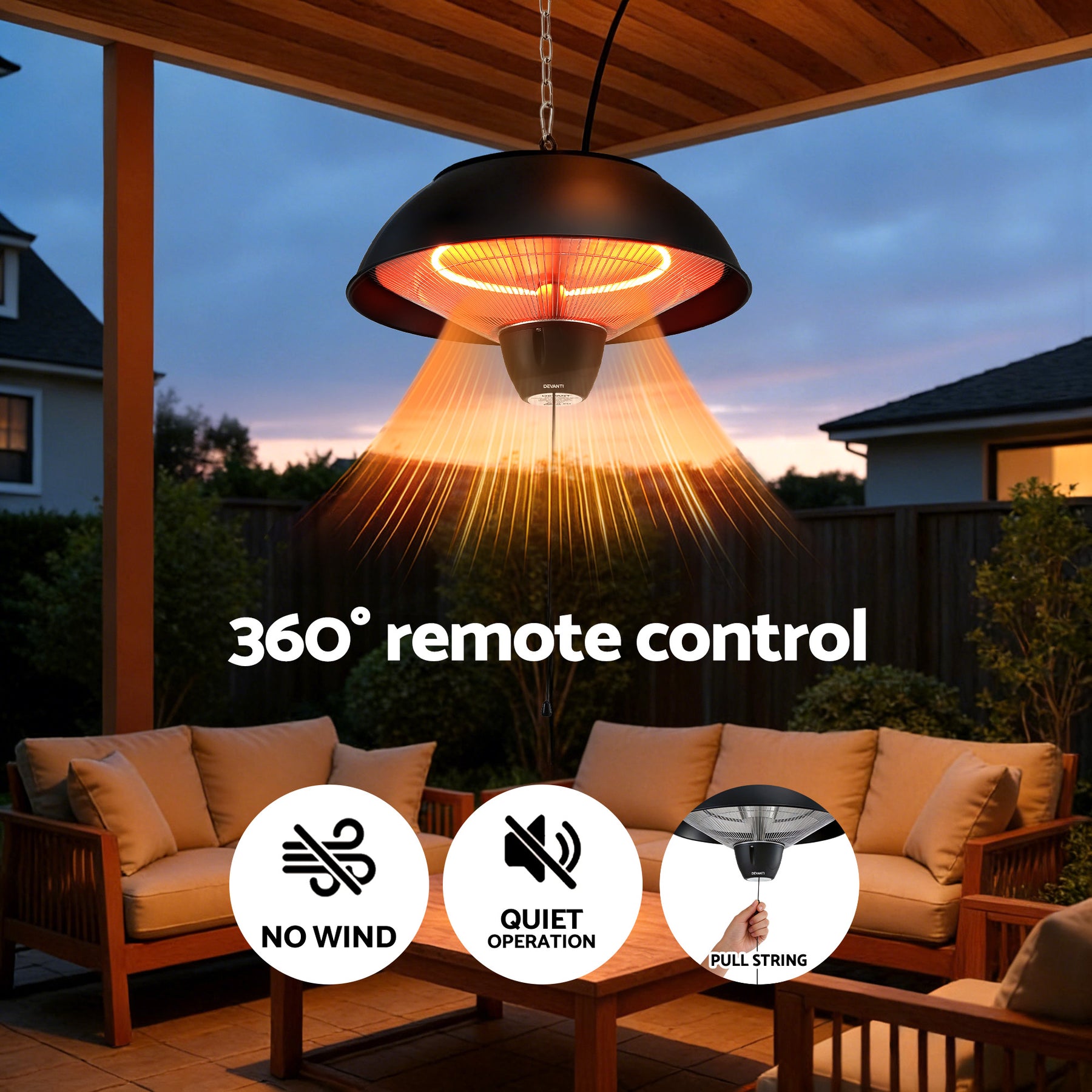 Devanti 1500W Hanging Infrared Patio Heater - Black