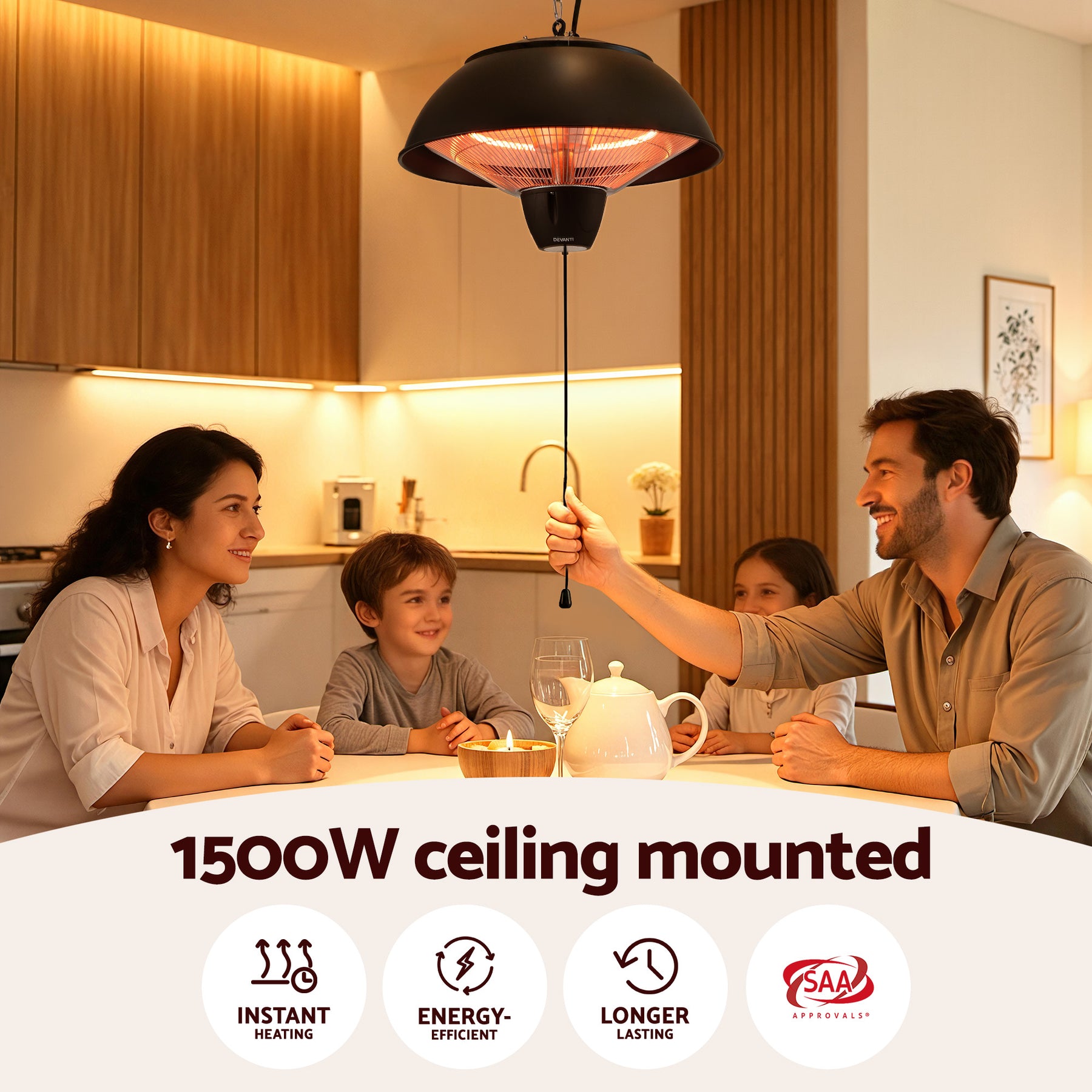 Devanti 1500W Hanging Infrared Patio Heater - Black