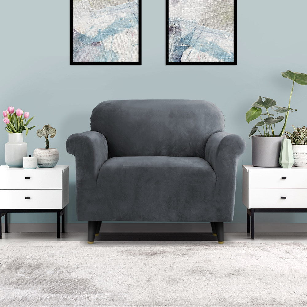 Artiss Sofa Cover - 1 Seater Velvet Grey - SuperSaverAU - view 8