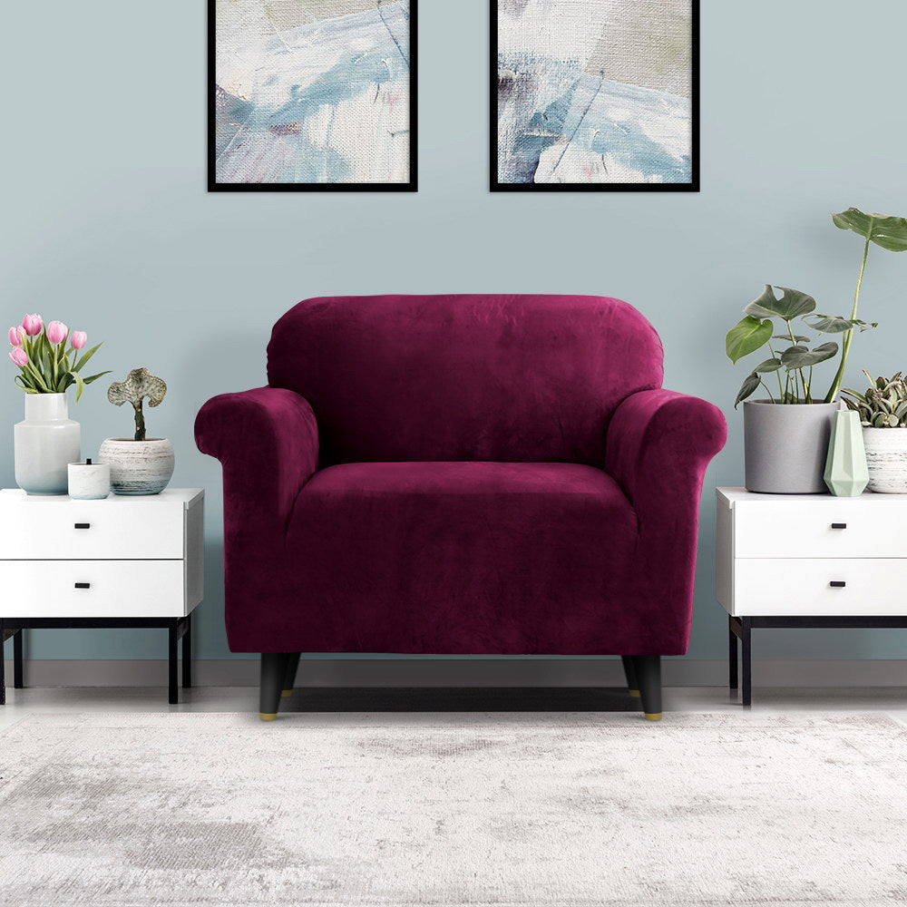 Artiss Velvet Sofa Cover 1 Seater Ruby Red - Stretchable, Machine Washable, Anti-Slip - SuperSaverAU - view 8