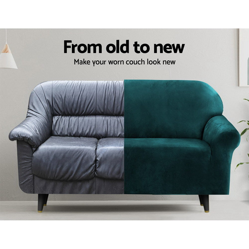 Artiss Velvet Sofa Cover 2-Seater Agate Green - Stretchable, Machine Washable - SuperSaverAU - view 4