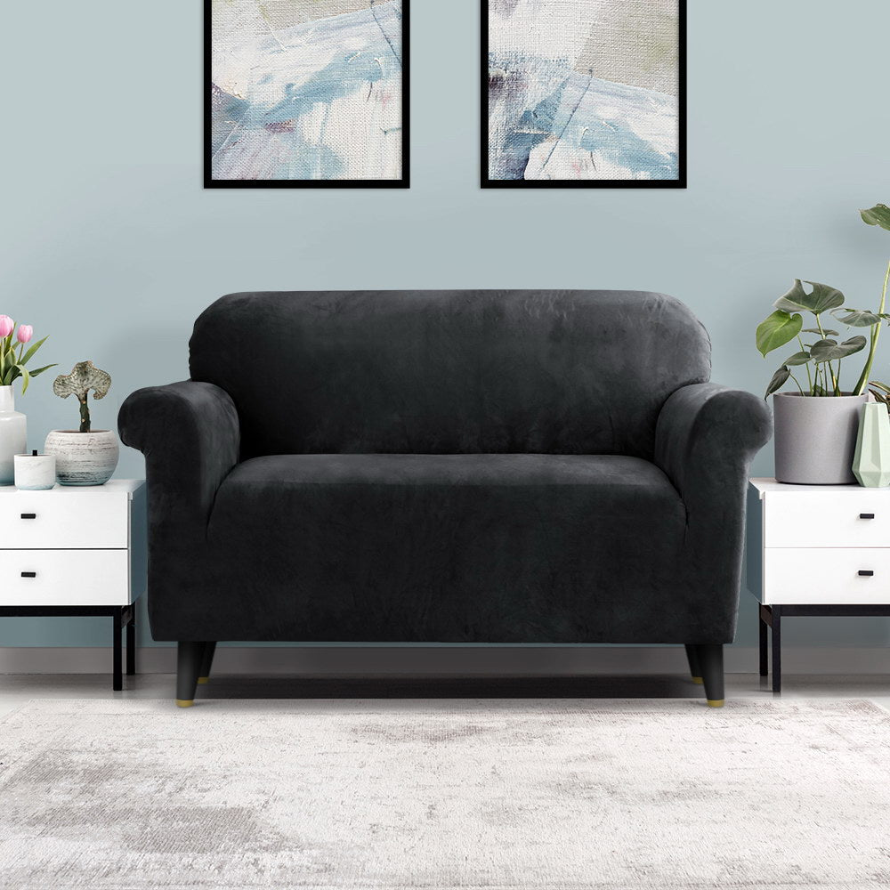 Artiss Velvet Sofa Cover 2 Seater Black - Stretchable, Machine Washable, Anti-Slip - SuperSaverAU - view 8