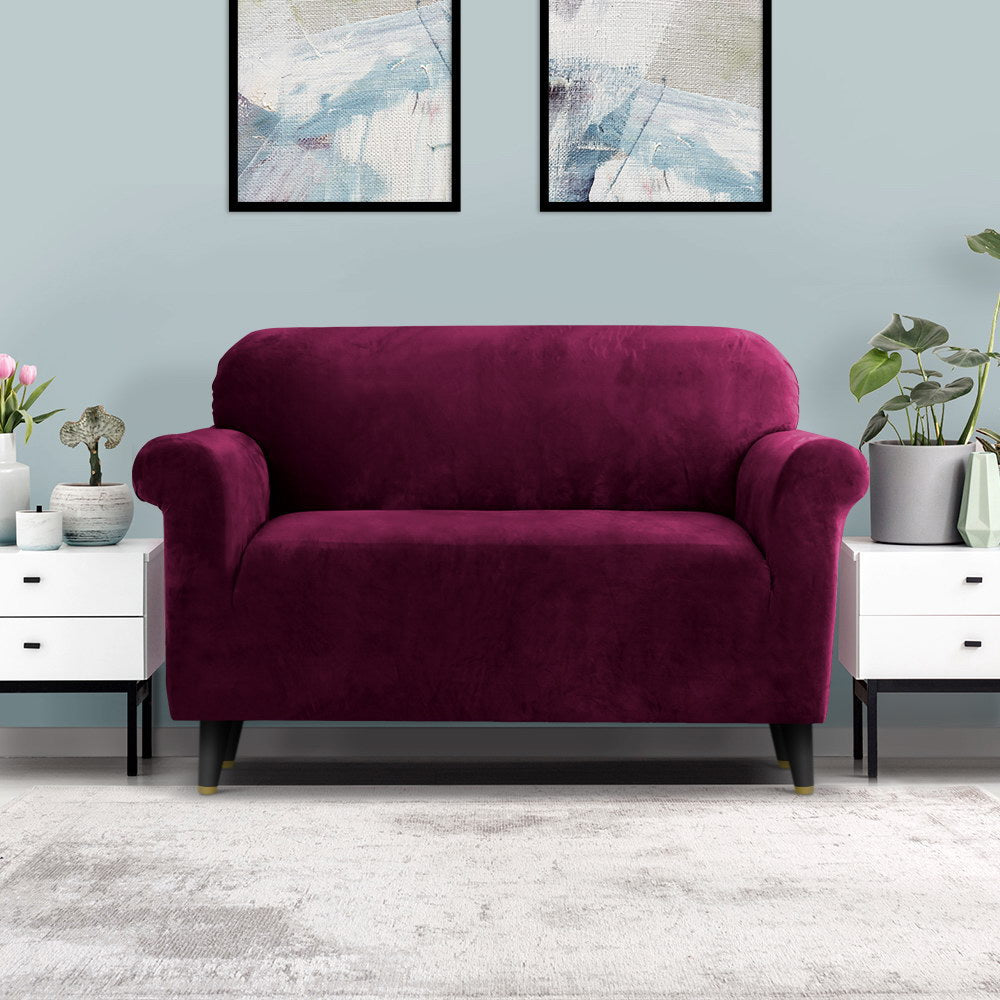 Artiss Velvet Sofa Cover 2 Seater Ruby Red, Stretchable, Machine Washable - SuperSaverAU - view 8