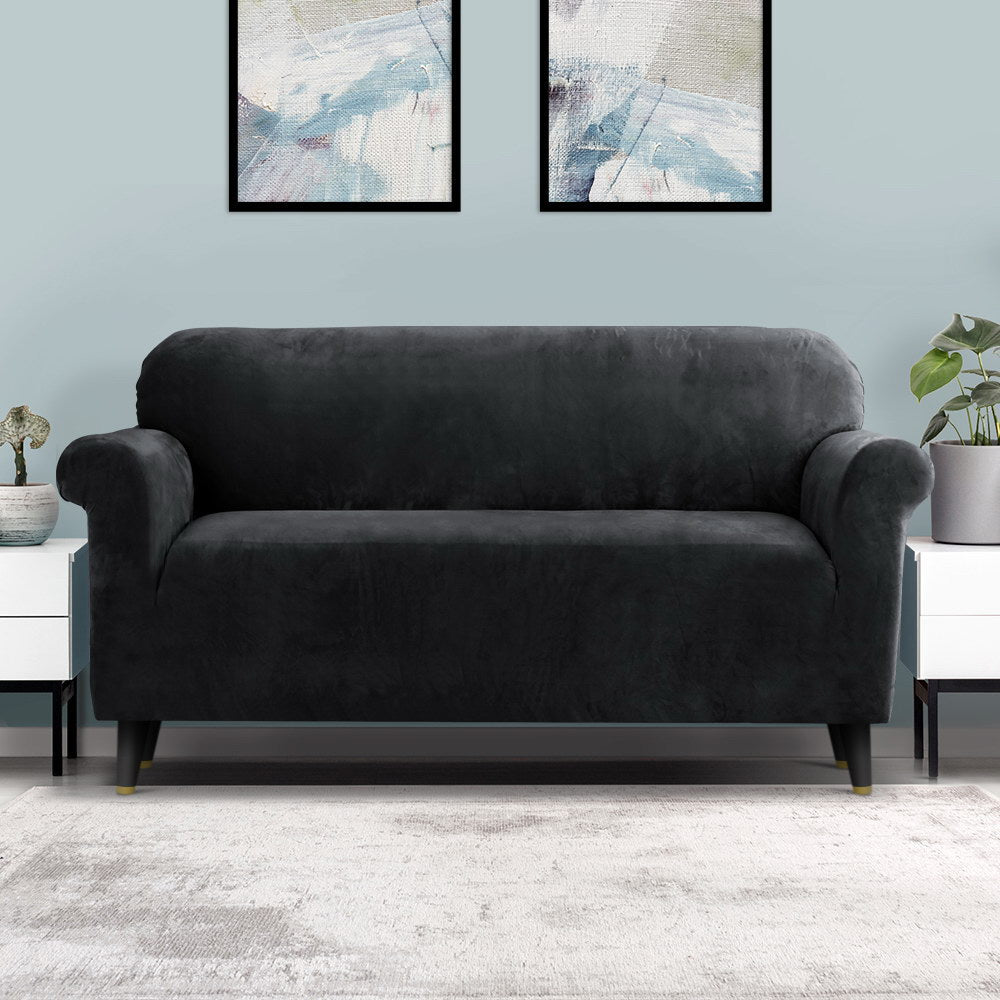 Artiss Velvet Sofa Cover 3-Seater Black - Stretchable, Machine Washable, Anti-Slip - SuperSaverAU - view 8