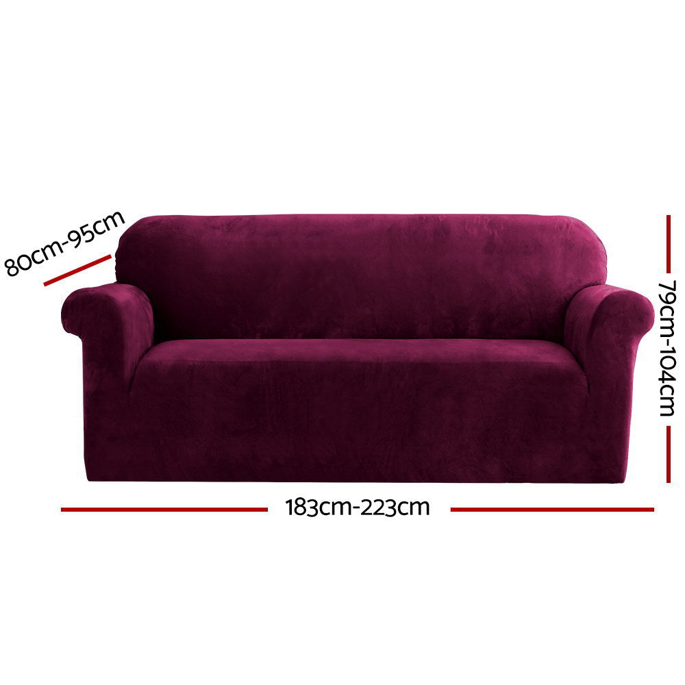 Artiss Velvet Sofa Cover 3-Seater Ruby Red, Stretchable, Machine Washable - SuperSaverAU - view 2
