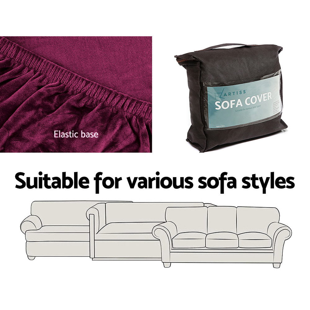 Artiss Velvet Sofa Cover 3-Seater Ruby Red, Stretchable, Machine Washable - SuperSaverAU - view 5