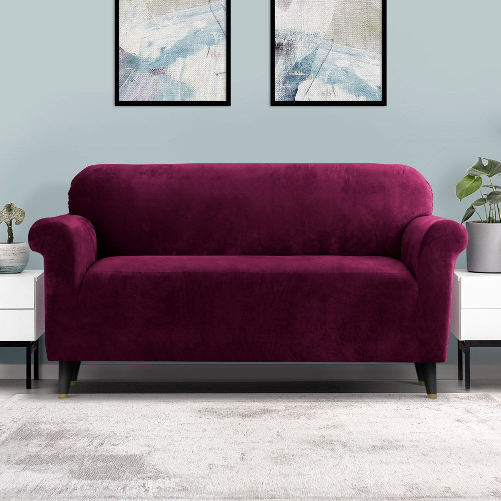Artiss Velvet Sofa Cover 3-Seater Ruby Red, Stretchable, Machine Washable - SuperSaverAU - view 8