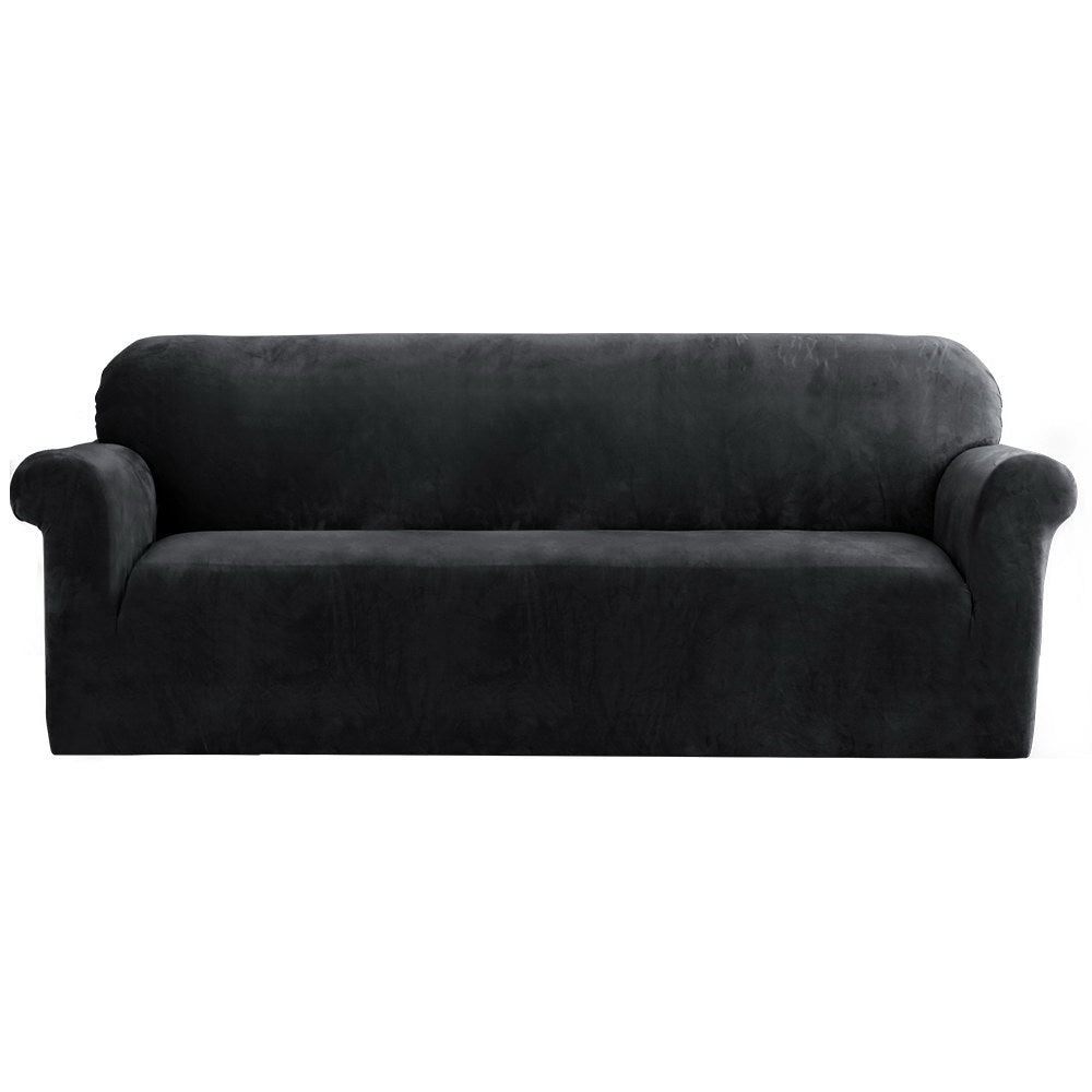Artiss Velvet Sofa Cover 4-Seater Black - Stretchable, Machine Washable, Anti-Slip - SuperSaverAU - view 1