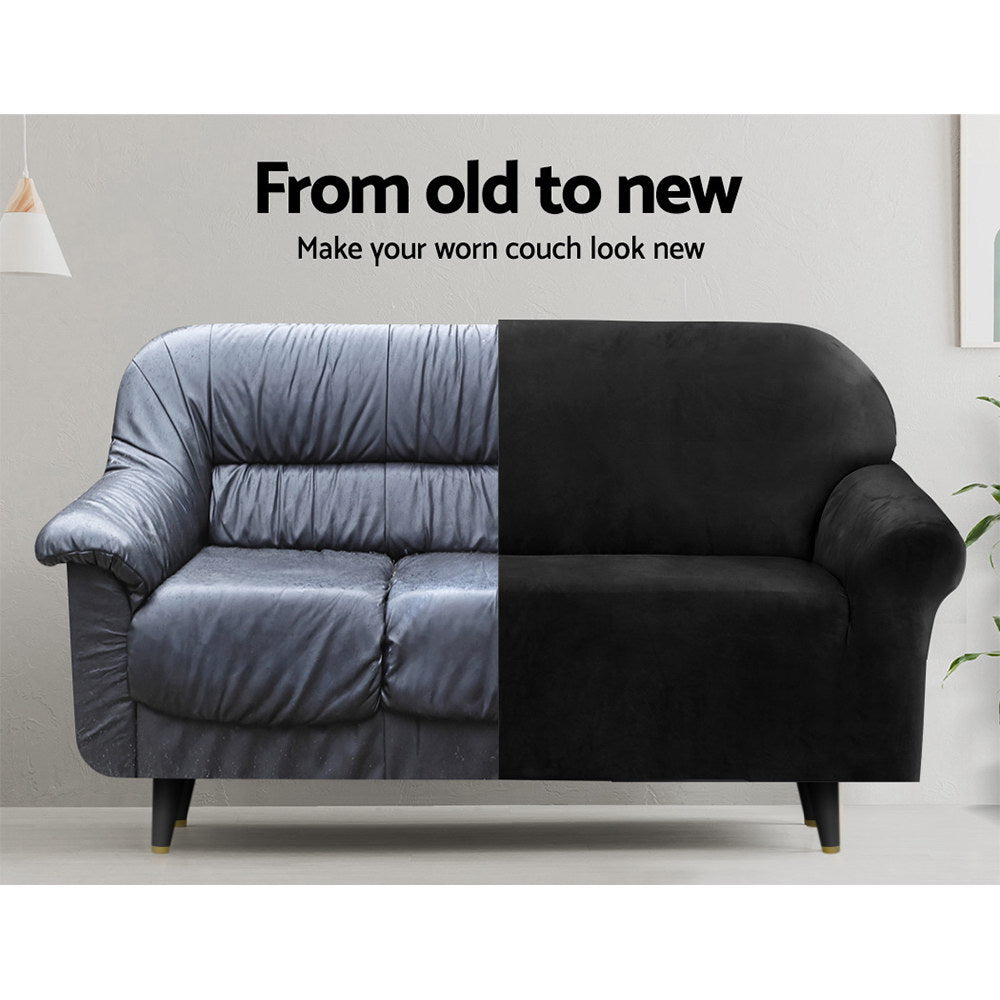 Artiss Velvet Sofa Cover 4-Seater Black - Stretchable, Machine Washable, Anti-Slip - SuperSaverAU - view 4
