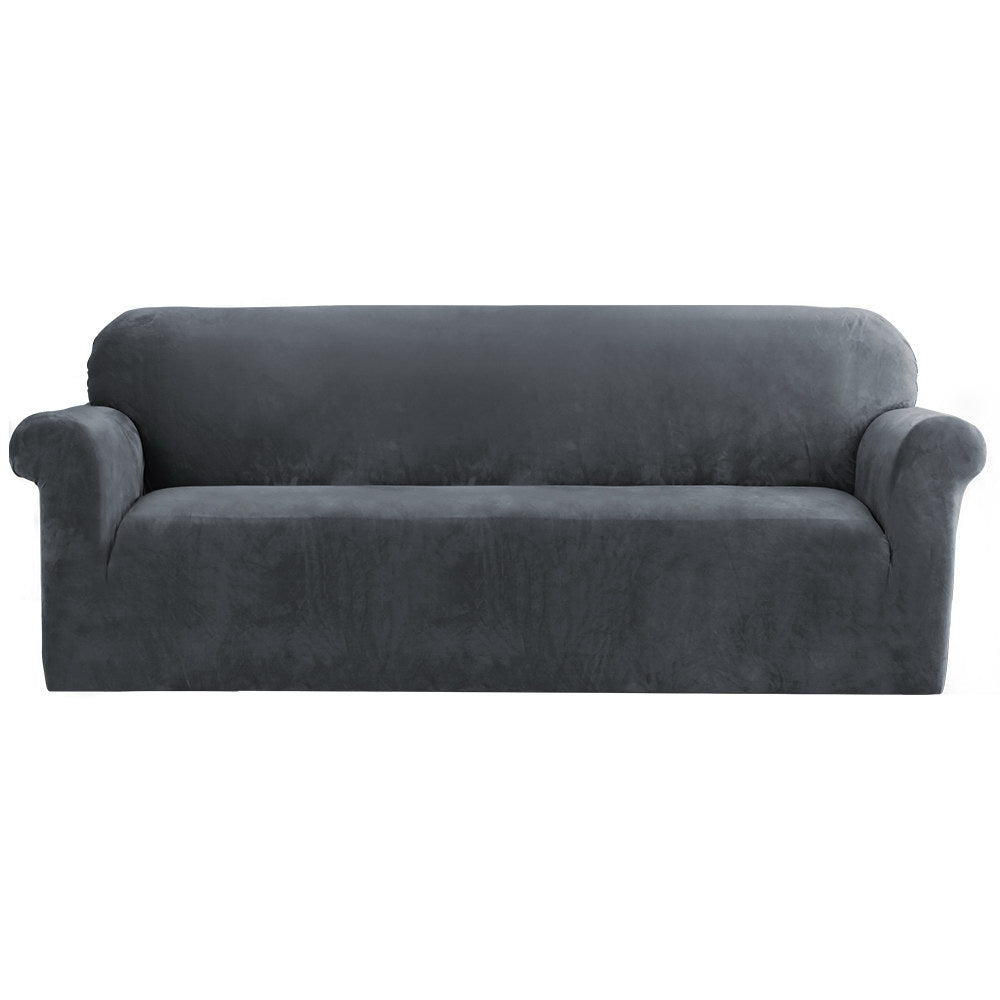 Artiss Velvet Sofa Cover 4-Seater Grey - Stretchable, Machine Washable, Anti-Slip - SuperSaverAU - view 1