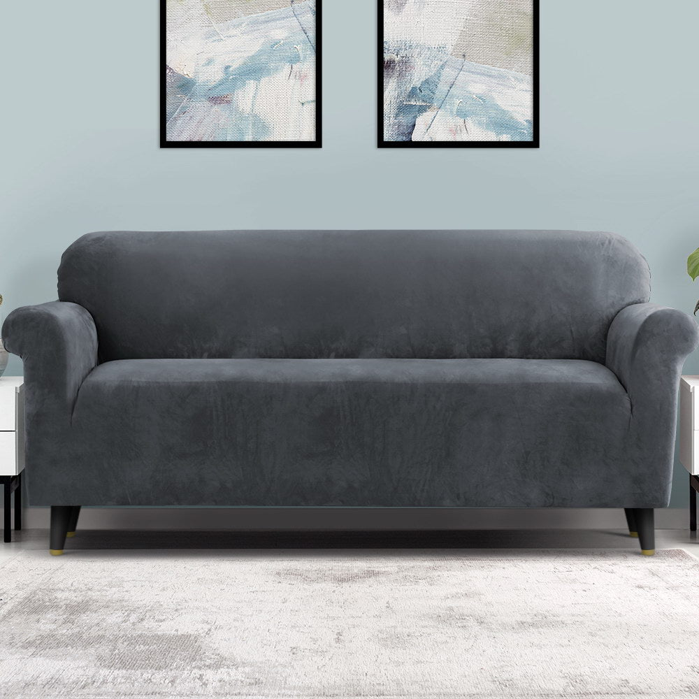 Artiss Velvet Sofa Cover 4-Seater Grey - Stretchable, Machine Washable, Anti-Slip - SuperSaverAU - view 8