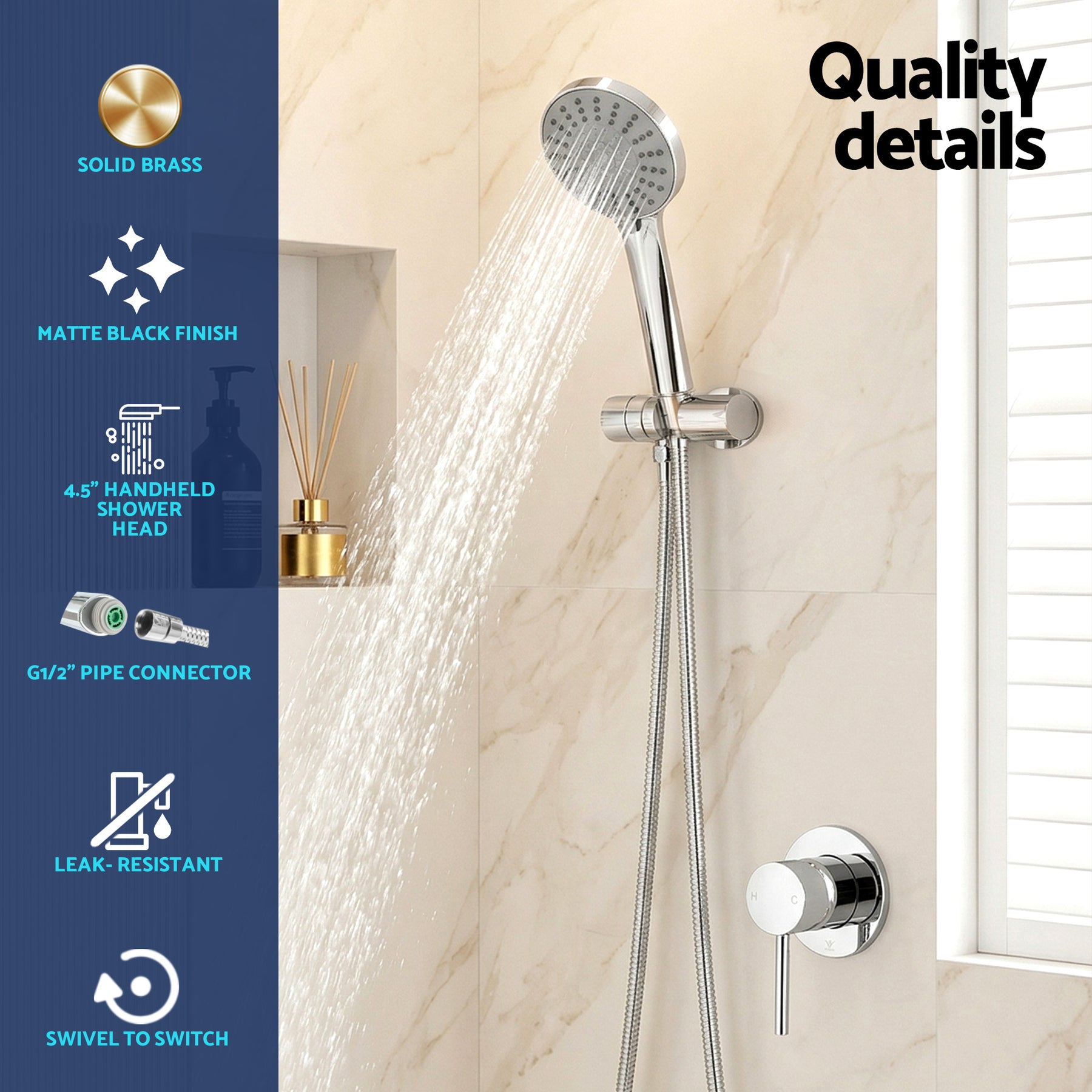 Cefito 4.5" Handheld Shower Head Round with Wall Bathroom Mixer Silver - SuperSaverAU - view 5