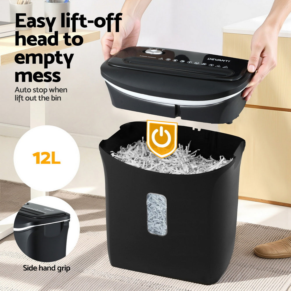 Devanti 12L Cross-Cut Shredder for Home Office - 8-Sheet Capacity