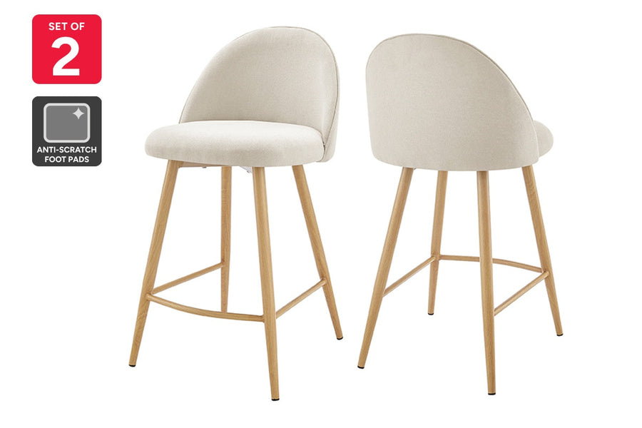 Set of 2 Shangri-La Charley Curved Back Bar Stools (Off White/Wood)