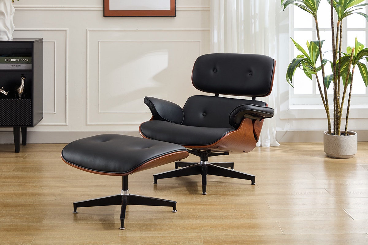 Shangri-La Eames Replica Lounge Chair and Ottoman (Black/Walnut)
