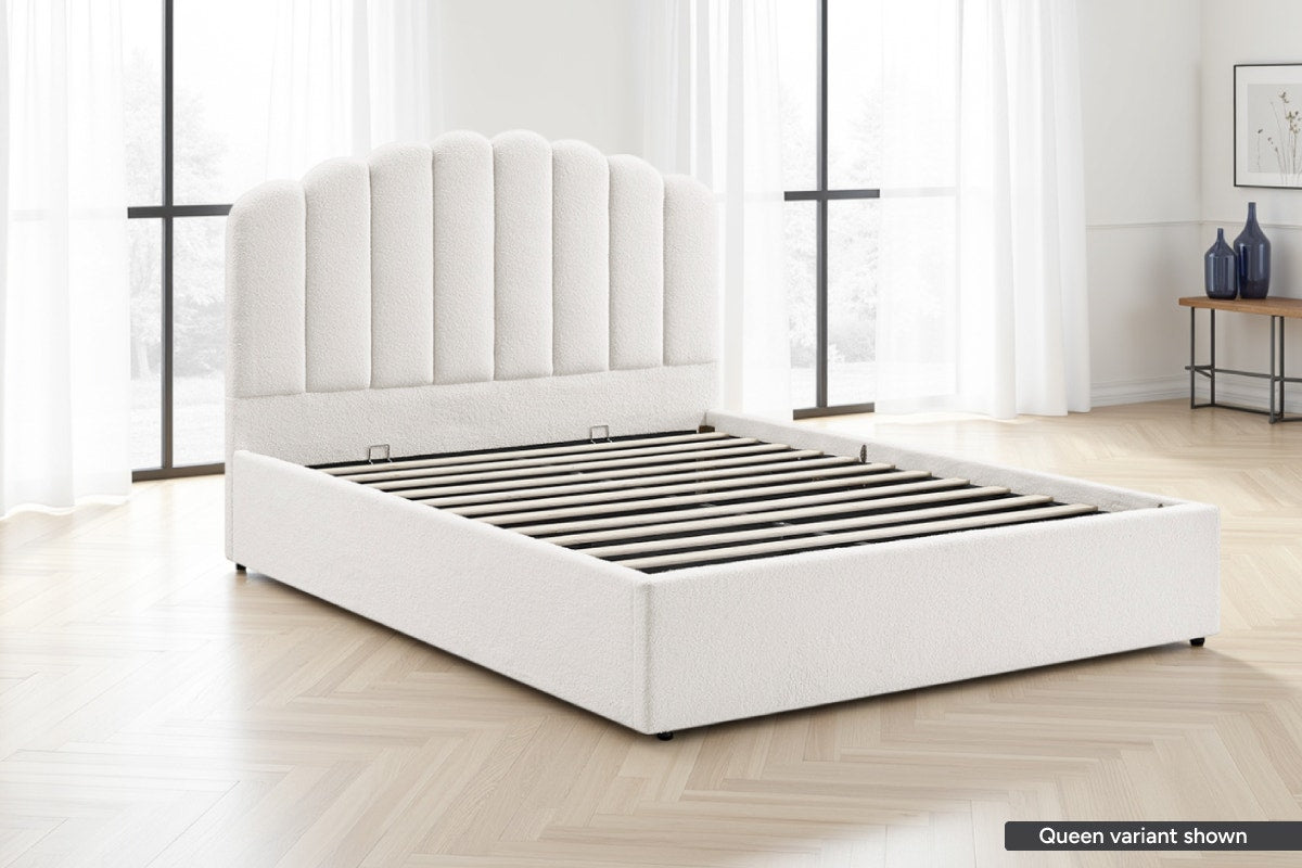 Shangri-La Santorini Boucle Gas Lift Storage Bed Frame (White, Double)