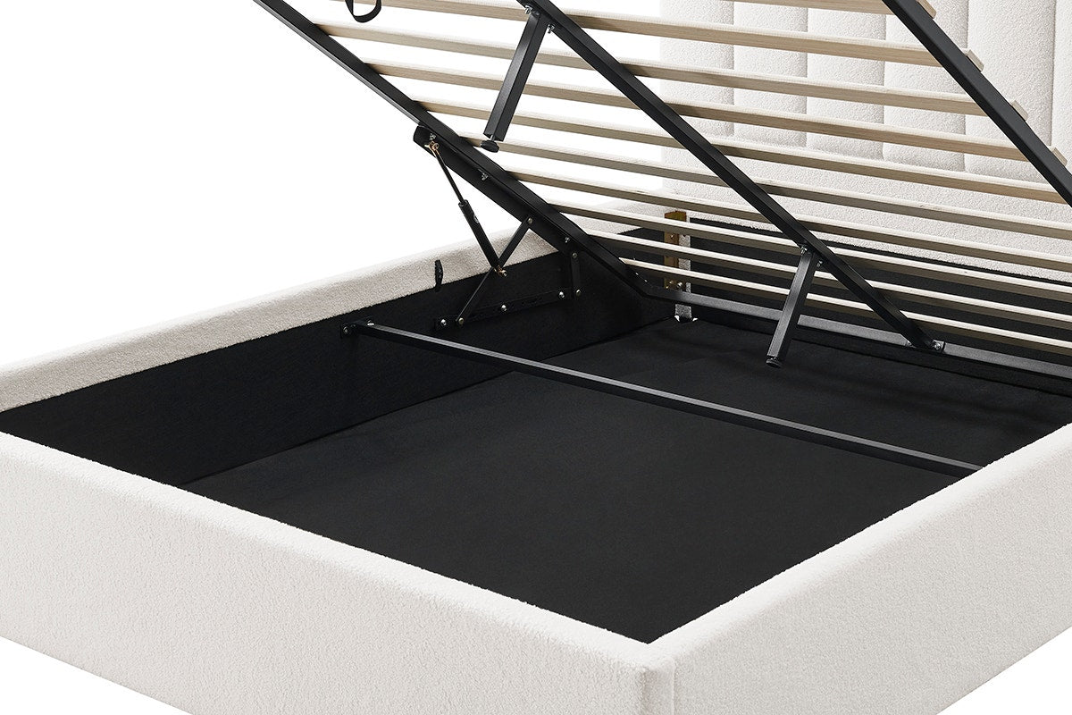 Shangri-La Santorini Boucle Gas Lift Storage Bed Frame (White, King)