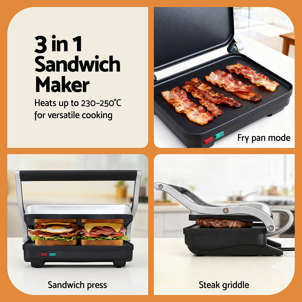Devanti 3-in-1 Sandwich Maker 1000W, Fry Pan, Press & Griddle, 29cm - SuperSaverAU - view 5