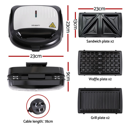Devanti 3-in-1 Sandwich Maker - Waffle & Panini Press 850W