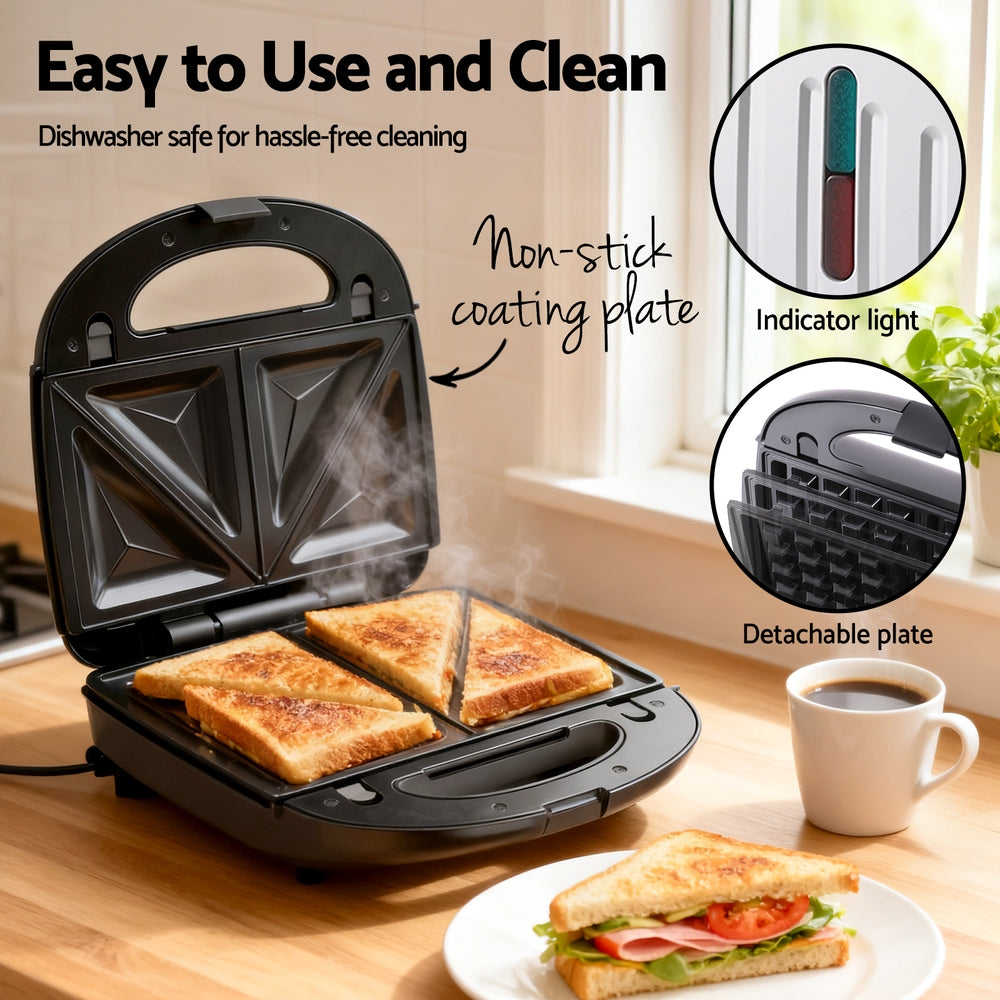 Devanti 3-in-1 Sandwich Maker - Waffle & Panini Press 850W