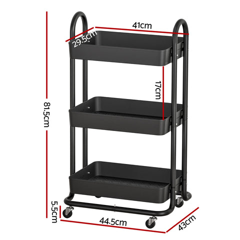 Artiss Black Storage Trolley - 3-Tier Kitchen Cart with Wheels - SuperSaverAU - view 2
