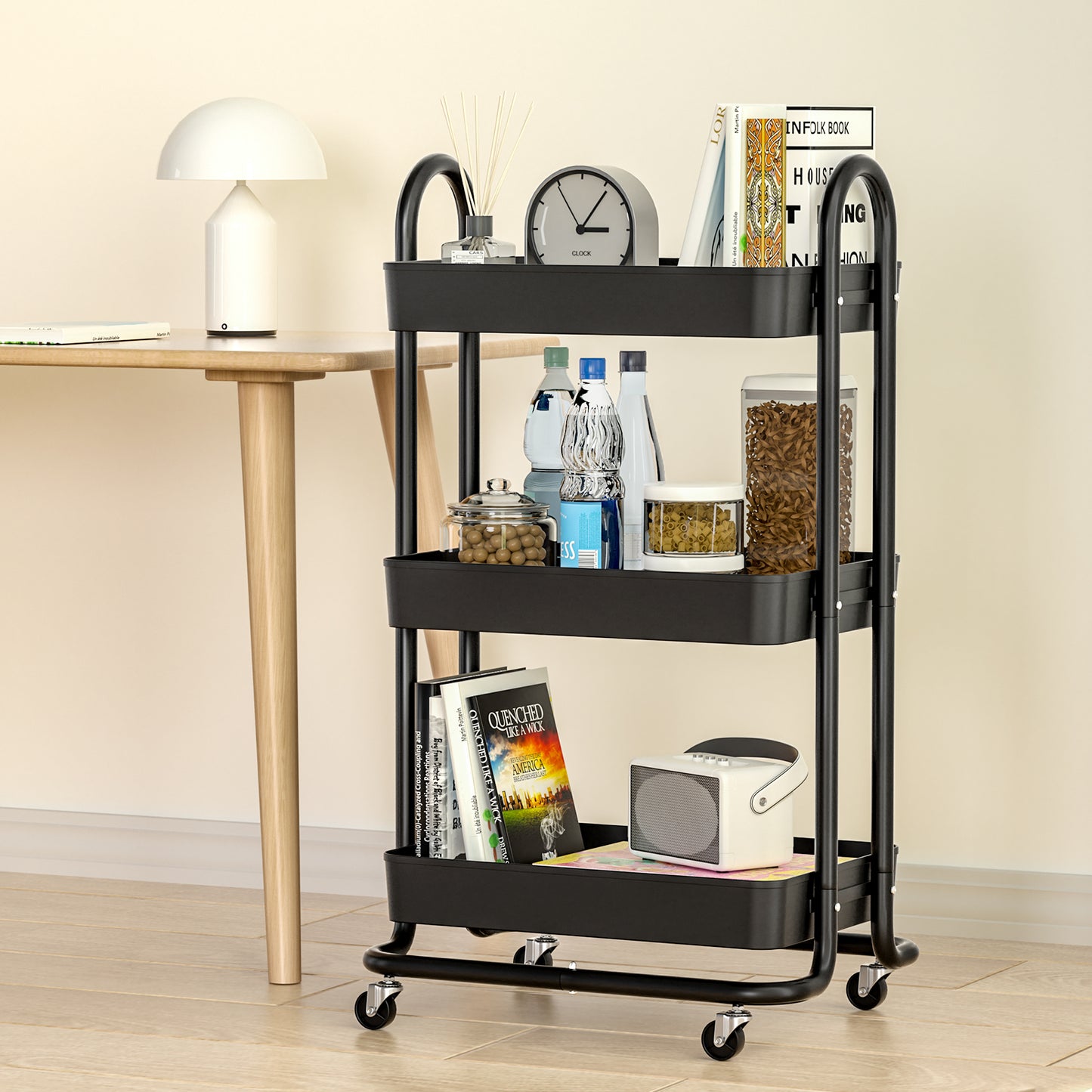 Artiss Black Storage Trolley - 3-Tier Kitchen Cart with Wheels