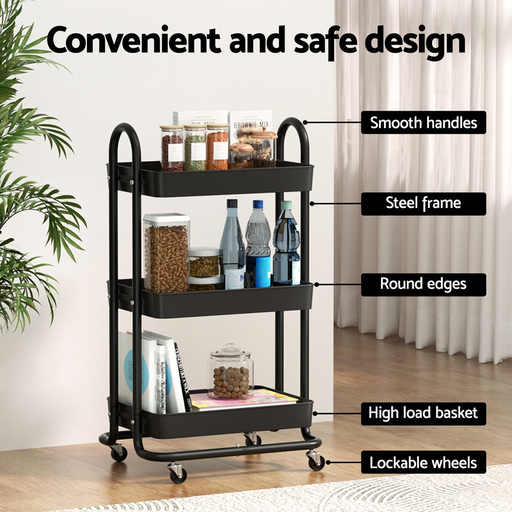 Artiss Black Storage Trolley - 3-Tier Kitchen Cart with Wheels