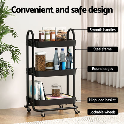 Artiss Black Storage Trolley - 3-Tier Kitchen Cart with Wheels