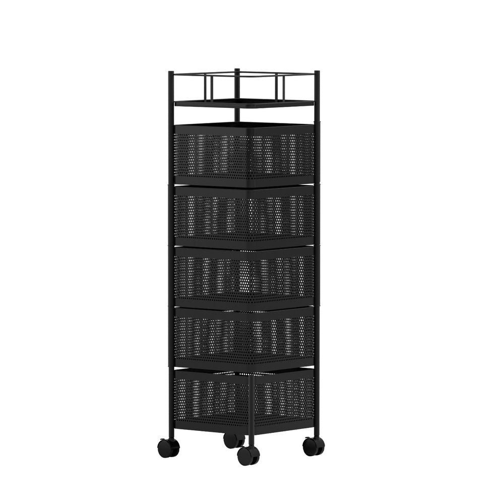 Artiss 5 Tier Black Storage Trolley Kitchen Cart Rolling Rack with Wheels